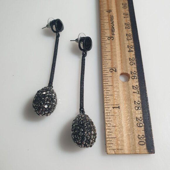 Black Long Drop Dangle Earrings Sparkling Rhinestone Detail Geometric Post Back - Picture 4 of 5